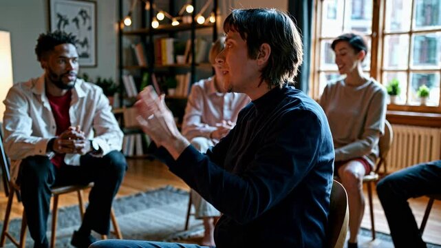 A group discussion in a cozy room, captured from a side angle. The video style is candid, highlighting engaged participants in a warm setting.