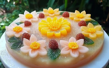 Floral Jelly Cake Delicious Summer Dessert with Peach and Flower Decorations