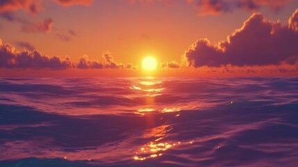 Fototapeta premium Ocean sunset, calm waves, vibrant sky, tranquil scene, travel backdrop