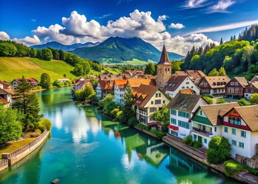 Charming Wangen an der Aare Village Scene: River, Houses, Swiss Alps