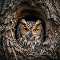 A wise old owl hidden in a tree hole.