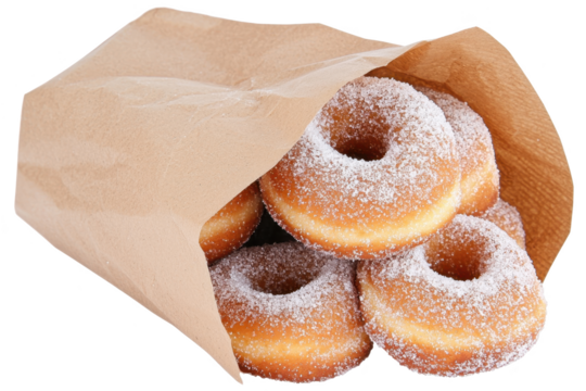 Delicious powdered sugar donuts in a paper bag, freshly baked and tempting.