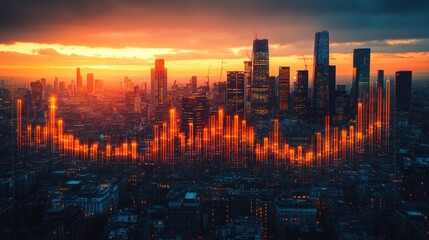 Fototapeta premium A stunning sunset over a city skyline with digital graphs illustrating market trends and data