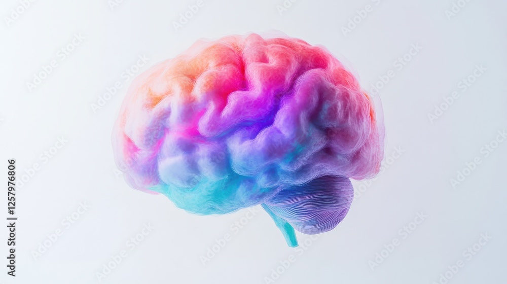 Poster 3d render of a vibrant brain with transparent color fog on a white background, captured in minimalis