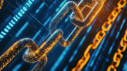 A conceptual image of a blockchain security chain with encoded links over a backdrop of streaming digital code.