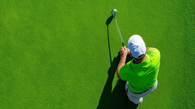 High angle view of a golfer preparing to putt on a vibrant green golf course, bright sunlight illuminates the scene, showcasing a golfer in a lime