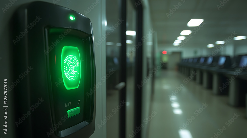 Poster A biometric scanner with a green light is mounted on the wall, indicating access in a high-tech environment with computers in the background