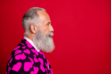 Closeup profile photo of cool aged attractive man amour character role romance surprise for wife...