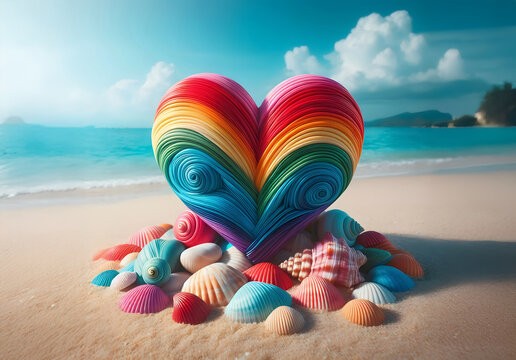 Herz in Regenbogenfarben, umringt von Muscheln, an einem Stran, Sand und Meereshintergrund