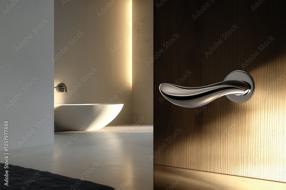 Poster the smooth lines of a modern door handle and keyhole, the polished chrome finish gleaming under the 