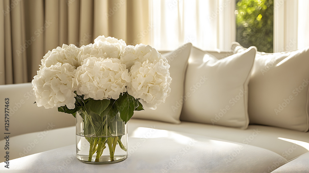 Poster a serene arrangement of white hydrangeas in a vase on a sofa, surrounded by soft cushions and illumi