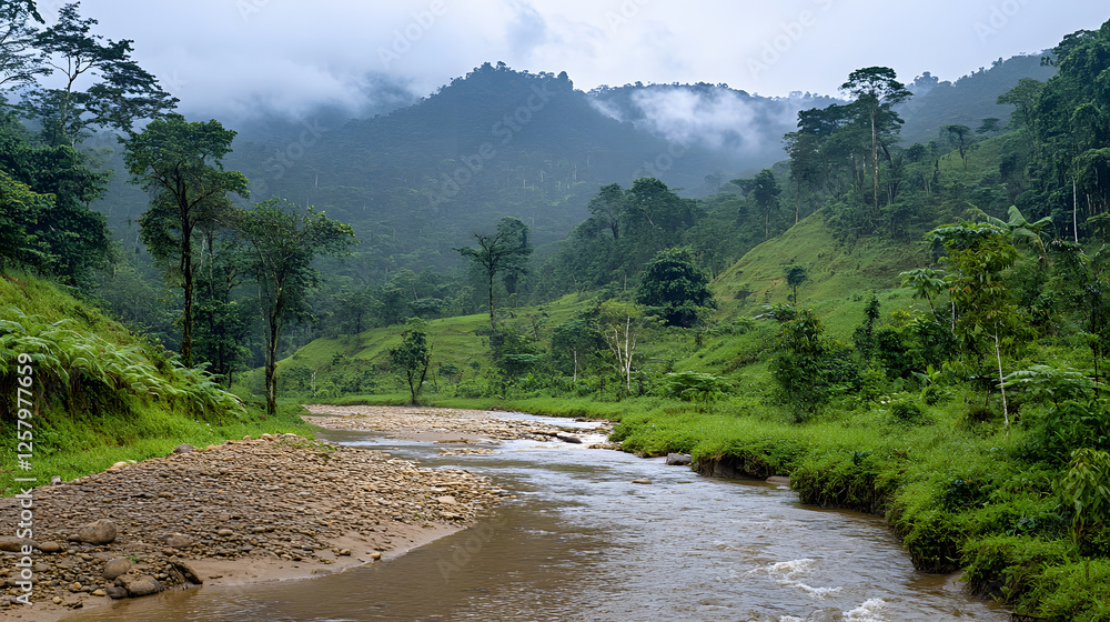 Poster a serene river flows through a lush, green landscape, surrounded by misty mountains and dense trees,