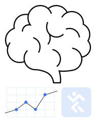 Brain with bold lines, growth chart showing data points connected by a trendline, and innovation symbol representing concepts of progress, learning, creativity, health, and analytics. Ideal