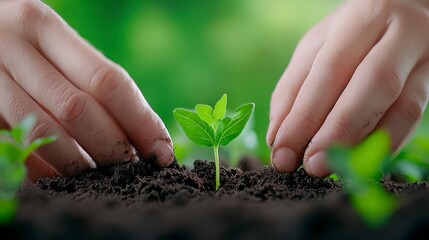 Closeup of two hands gently placing a small green seedling into dark rich soil. Soft natural light highlights the vibrant green sprout and the rich