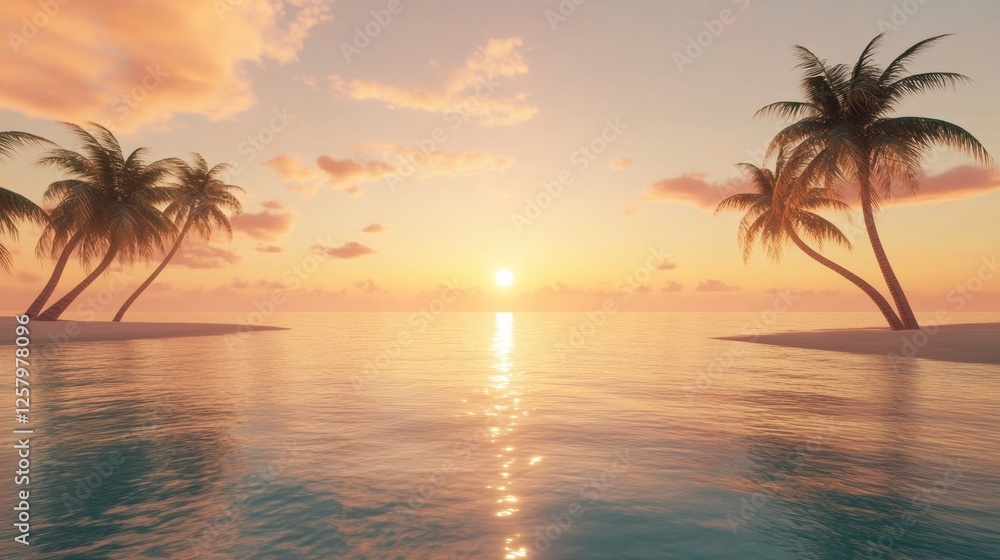 Poster serene sunset over tranquil ocean waves with palm trees on a tropical beach during golden hour. gene