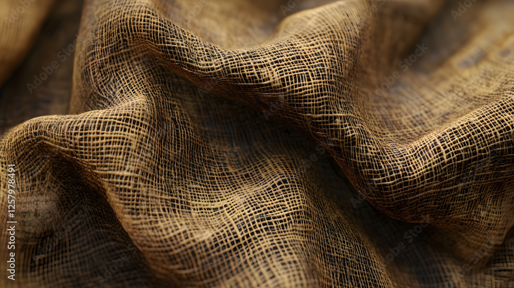 Poster a close-up view of textured, woven fabric with intricate patterns and earthy tones