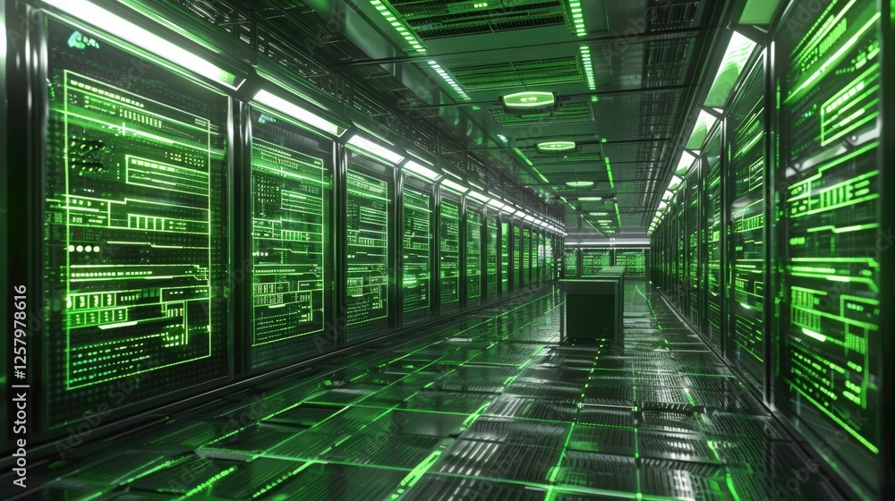 Poster futuristic data center with glowing green digital interfaces and modern server racks, renewable ener