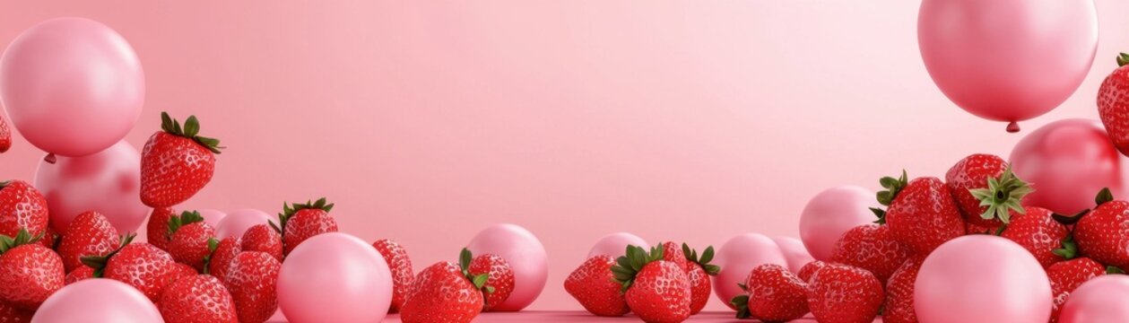 Pink Balloons and Fresh Strawberries on Pink Background Sweet Summer Fruit and Party Decor