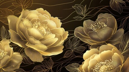 Luxury gold floral background vector. Golden gradient Roses and peonies flower line art wallpaper design for prints, cover, wall arts, greeting card, wedding cards, invitation.