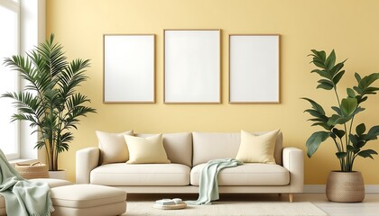 Modern living room interior design, yellow walls, beige sofa, plants