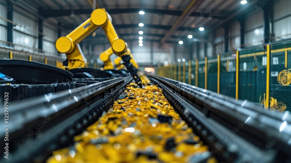 Poster advanced robotic arms sorting and processing electronic waste in automated recycling facility. high-