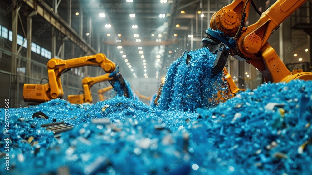 Poster industrial robotic arms processing and sorting recycled blue plastic in high-tech facility. sustaina