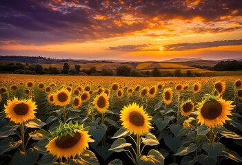 Obraz premium stunning vast sunflower fields under dusk sky featuring golden blossoms soft hues evoking serenity natural beauty, bloom, landscape, horizon, colors, petals
