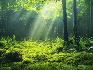 Obraz premium a beautiful forest floor covered in soft, lush moss, with ferns sprouting up around it, creating a harmonious and peaceful natural scene.