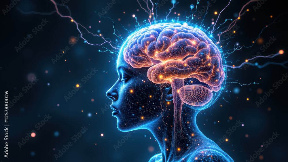 Poster this image features an artistic depiction of human cognition merging with artificial intelligence.