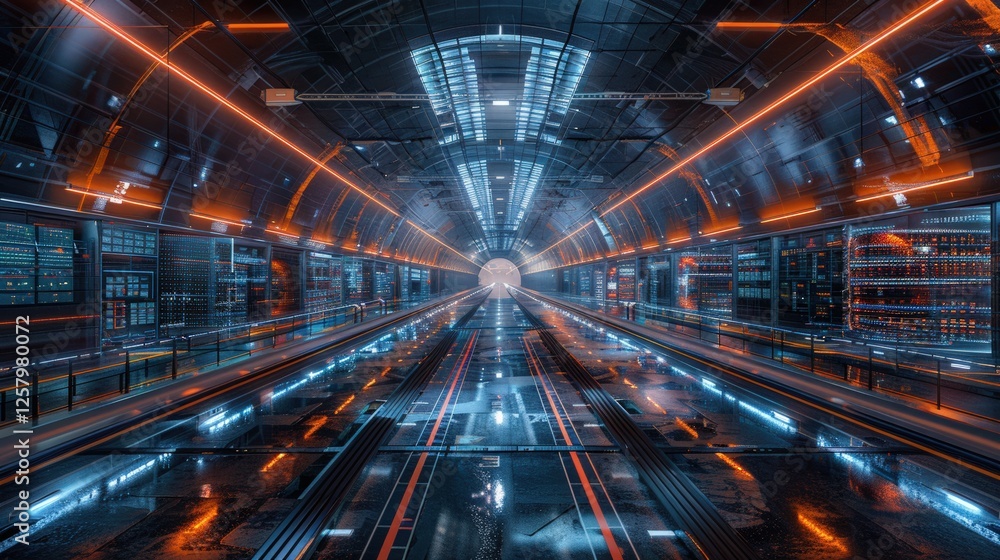 Poster futuristic underground transportation tunnel with neon lights, advanced digital systems. high-tech i
