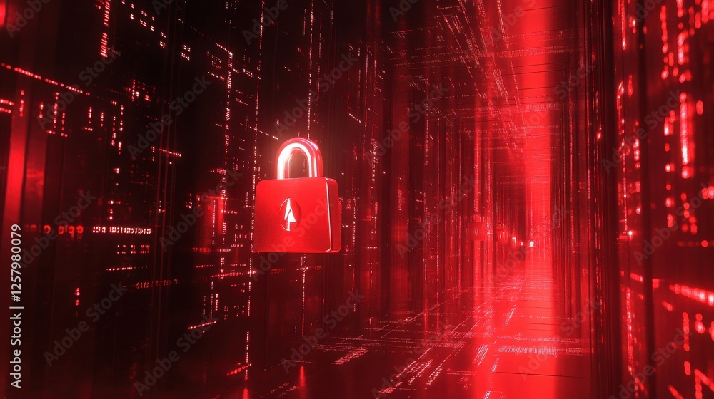 Poster conceptual illustration of data security with a padlock symbolizing protection amidst digital data s