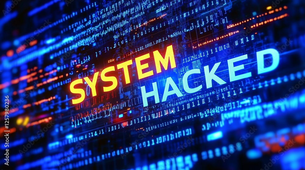 Poster digital screen with system hacked text, representing cyber attack.