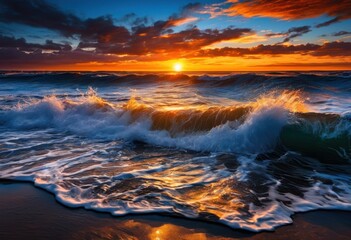 vibrant waves crashing rugged shoreline sunset colorful reflections water surface, beach, coast, coastline, dusk, evening, foam, horizon, landscape, marine