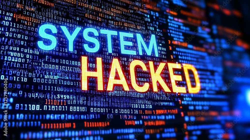 Poster digital screen with 'system hacked' text, symbolizing data breaches.
