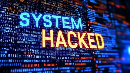 Obraz premium Digital screen with 'system hacked' text, symbolizing data breaches.