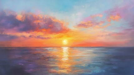 Obraz premium Vibrant sunset over calm ocean; idyllic coastal scene, perfect for travel brochures