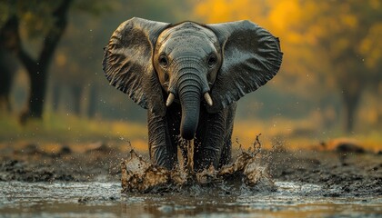 Fototapeta premium Young Elephant Charging Through Muddy Water