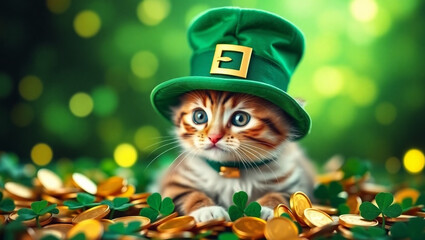 A cute cat wearing leprechaun and green hat with gold coins and shamrocks. background is a magical glowing green scene. St. Patrick’s Day wallpaper.