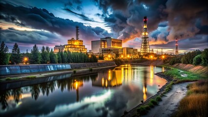 Obraz premium Chernobyl Nuclear Power Plant Night Photography, Pripyat River, Reactor Sarcophagus, Exclusion Zone, Ukraine
