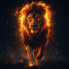 Naklejka premium Majestic lion with fiery mane showcases generative AI artistry in a dramatic and vibrant display of creativity. Generative AI