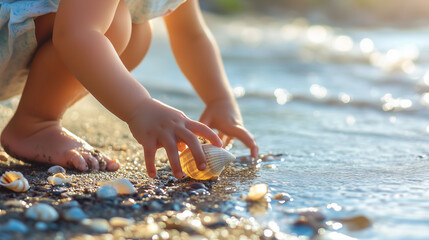 Closeup of little boy hands collecting seashells at beach 