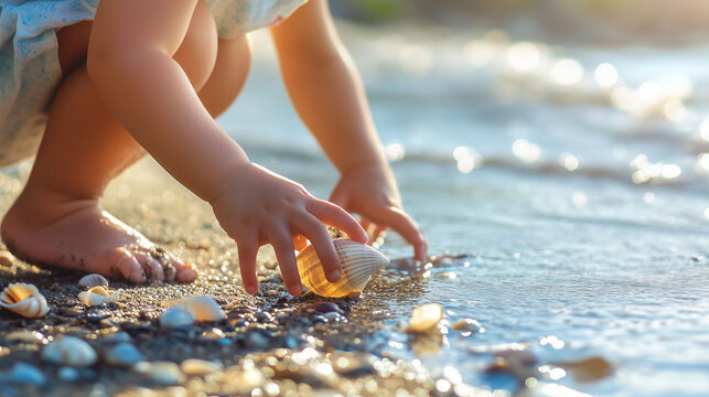 Closeup of little boy hands collecting seashells at beach 