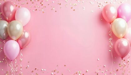 Pastel Balloons and Confetti on Pink Background for Celebrations
