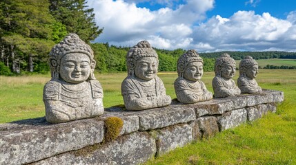 Outdoor stone statues arranged in a row on a stone wall against a grassy field, featuring light gray stone figures, medium green grass, a blue sky