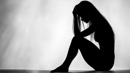 Silhouette of a person sitting in a slumped posture, head in hands, against a light gray background. The image evokes a sense of sadness or despair