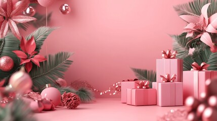 3D rendering of a colorful, pastel pink background with gift boxes and plant decorations, spring equinox.