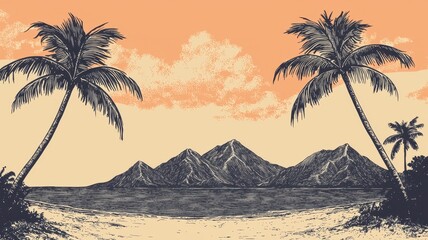 Tropical Beach Scene Hand Drawn Illustration of Palm Trees Mountains and Ocean at Sunset