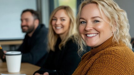 Fototapeta premium Three smiling businesspeople in a meeting room, focused on a woman in a light brown sweater, soft lighting, blurred background with neutral tones, 