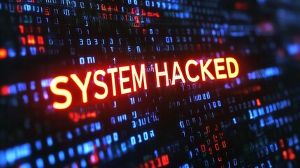 Obraz premium Digital code with 'system hacked' text symbolizes data breaches and cybersecurity threats.