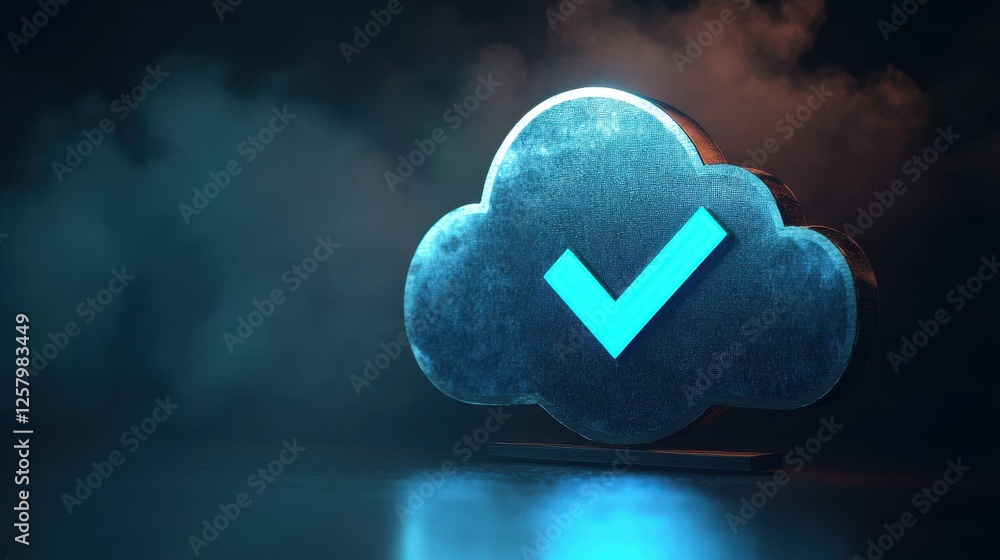 Poster 3d render of a cloud security shield with a checkmark icon on a dark background,